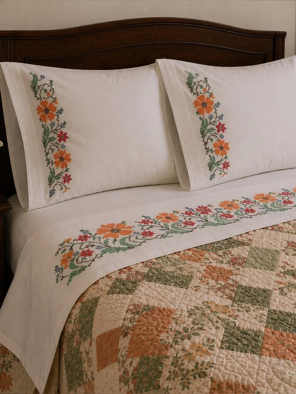 VTG Hand Cross Stitched Floral Pillowcase Set Cottagecore Embroidered Standard